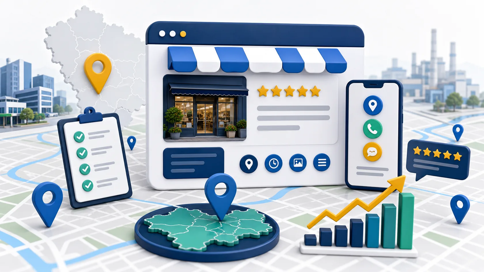 Minh họa website local SEO cho doanh nghiệp Bình Dương với bản đồ, đánh giá và biểu đồ tăng trưởng