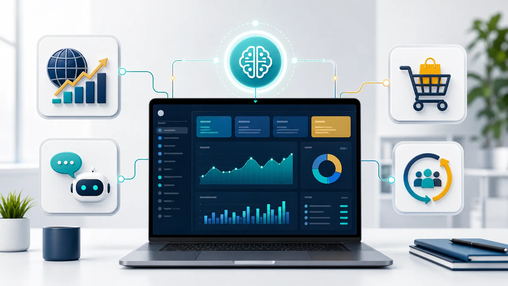 Sơ đồ website tự động bằng AI kết nối traffic, chatbot, bán hàng và chăm sóc khách hàng