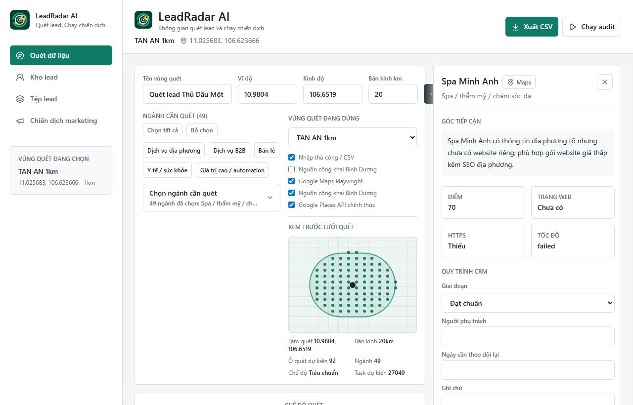 Giao diện LeadRadar AI
