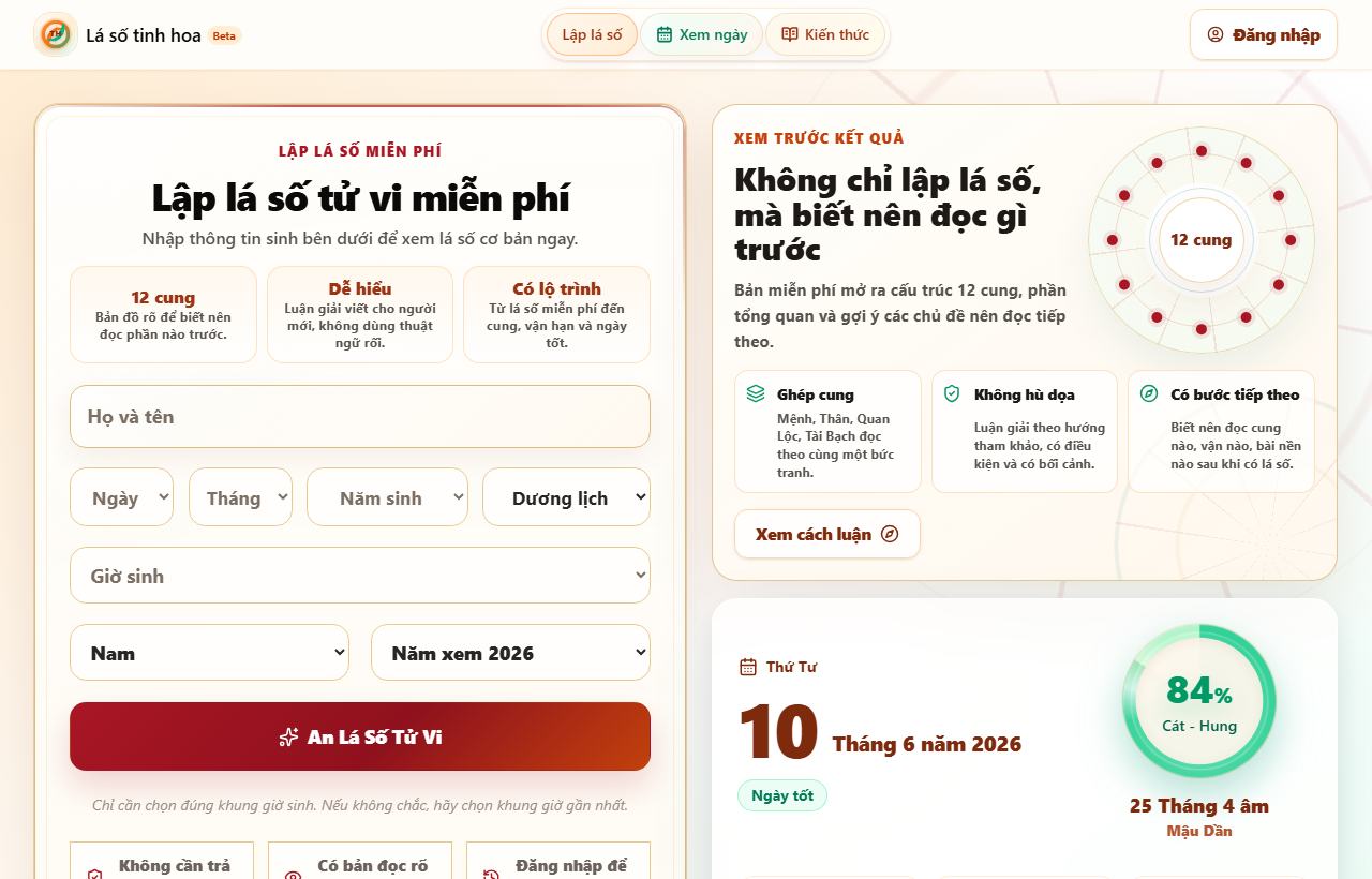 Giao diện Lá Số Tinh Hoa
